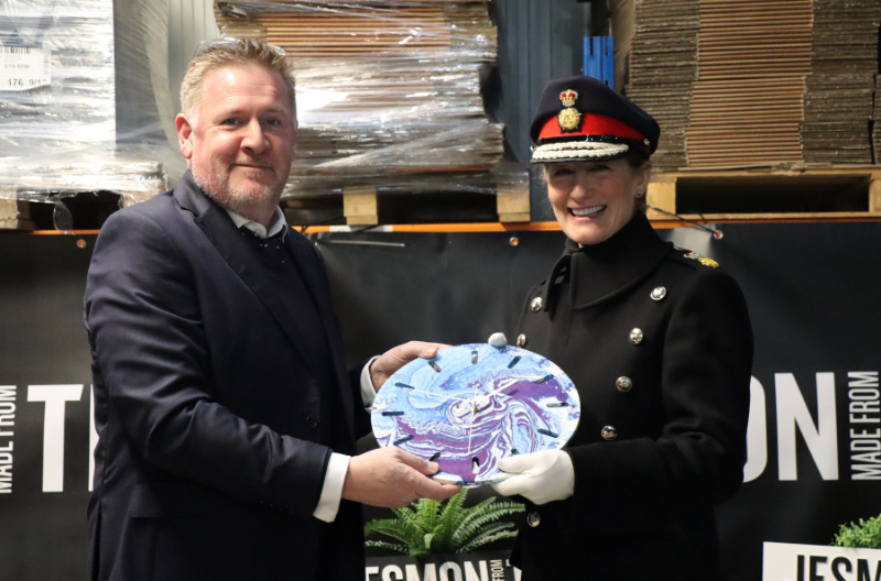 Jesmonite director and co-owner, Piran Littleton, presents HM Lord-Lieutenant of Shropshire Anna Turner with a clock made out of Jesmonite.